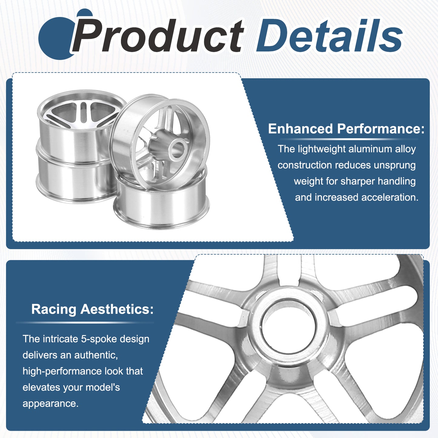 4Pcs 23.5mm OD RC Car Wheel Rims 5-Spoke Aluminum Alloy for RC Car, Silver